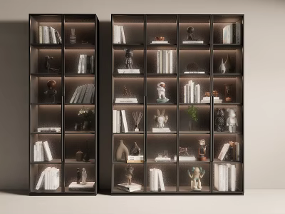 Black Display Cabinets Interior With Glass Doors Books Figurines Sculptures And Green Plants 3d model