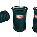 Green Public Trash Bins With Red Labels For Outdoor Areas
