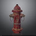 Red Fire Hydrant With Metal Chains And Distressed Red Paint Finish
