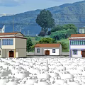 Rural Village View With Houses Solar Panels Wheat Field And Mountain Background