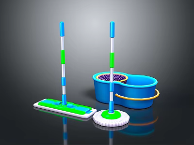 Blue Cleaning Bucket With Strainer And Flat Mop Featuring Green White Handle 3d model