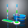 Blue Cleaning Bucket With Strainer And Flat Mop Featuring Green White Handle 3d model
