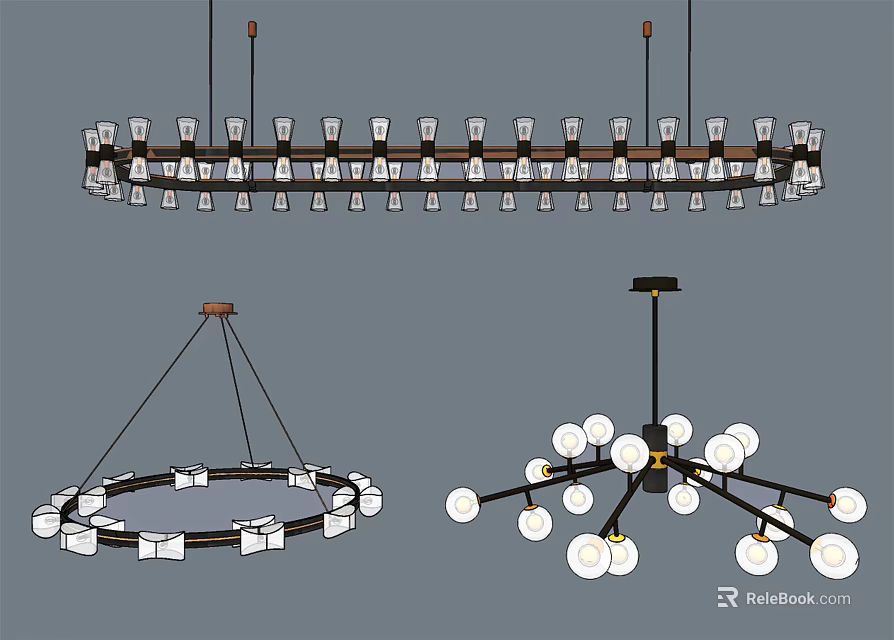 Modern Chandelier Designs Including Long Rectangular Circular Square Accents And Branched Spherical Bulbs 3d model