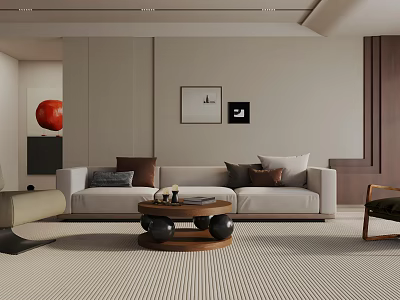 Modern Living Room Interior With Neutral Sofa Decorative Wall Art And Round Coffee Table 3d model