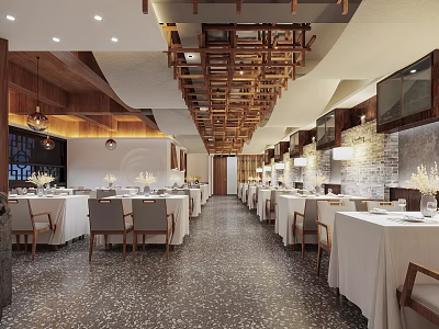 Elegant Restaurant Interior With Wooden Ceiling Neat Tables Chairs And Ambient Lighting Design 3d model