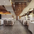 Elegant Restaurant Interior With Wooden Ceiling Neat Tables Chairs And Ambient Lighting Design