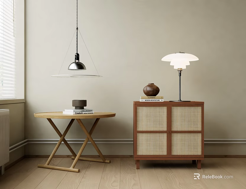 Modern Wooden Bedside Table With Table Lamp And Storage Cabinet Design 3d model 