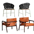 Modern Leisure Chair With Brown Leather Black Woven Design And Metal Frame