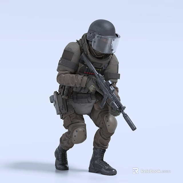 Man In Tactical Gear With Helmet And Goggles Holding Rifle In Crouching Position 3d model 