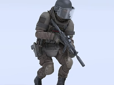 Man In Tactical Gear With Helmet And Goggles Holding Rifle In Crouching Position 3d model