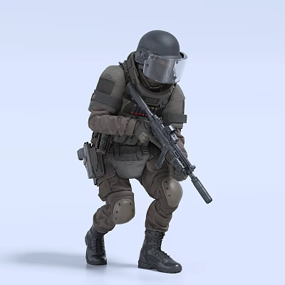 Man In Tactical Gear With Helmet And Goggles Holding Rifle In Crouching Position 3d model