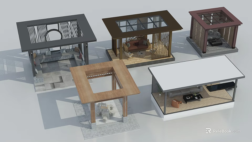 Various Garden Structures With Wooden Frames Glass Roofs And Open Design Elements 3d model