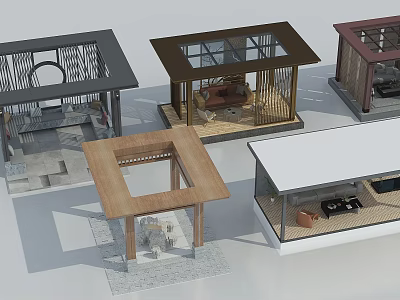 Various Garden Structures With Wooden Frames Glass Roofs And Open Design Elements 3d model