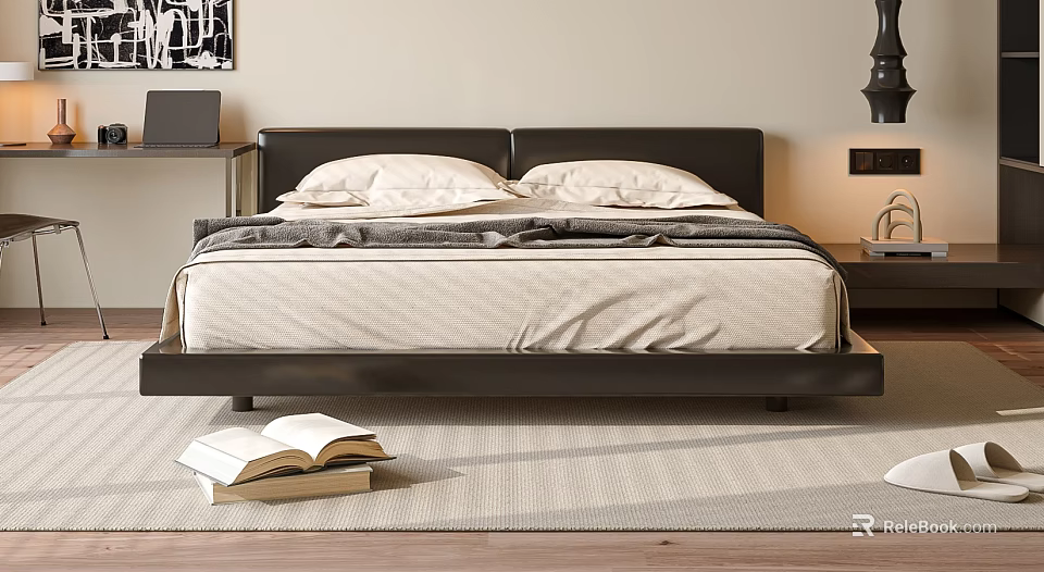Modern Double Bed With Black Headboard Soft Pillows Cozy Bedding Nightstand Area Rug And Open Book 3d model 