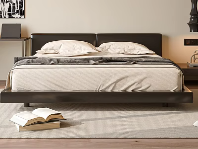 Modern Double Bed With Black Headboard Soft Pillows Cozy Bedding Nightstand Area Rug And Open Book 3d model