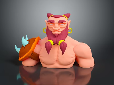 Horned Bearded Muscular Character Holding Shield In Detailed 3D Render Design 3d model