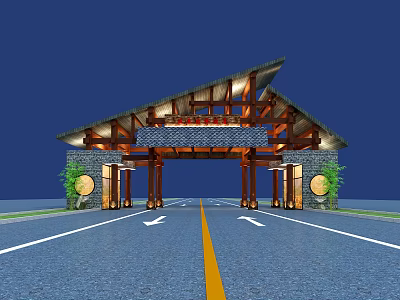 Traditional Wooden Entrance Gate With Sloped Roof Stone Walls And Illuminated Decorative Panels 3d model
