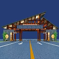 Traditional Wooden Entrance Gate With Sloped Roof Stone Walls And Illuminated Decorative Panels