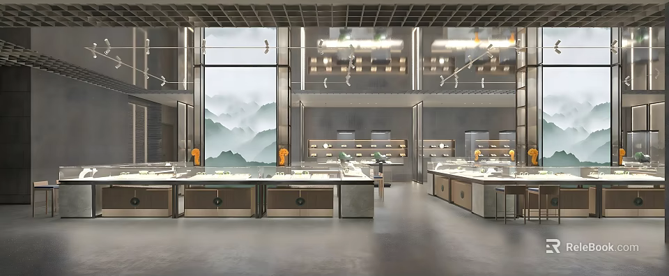 Modern Retail Store Interior With Glass Display Counters And Warm Ambient Lighting 3d model 