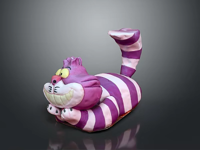 Cheshire Cat Plush Toy With Purple White Stripes Smiling Face Yellow Eyes Curled Tail 3d model