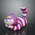 Cheshire Cat Plush Toy With Purple White Stripes Smiling Face Yellow Eyes Curled Tail