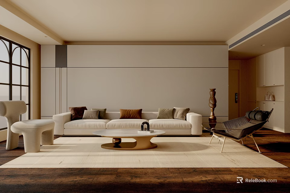 Modern Open Concept Living Room Interior With Sofa Coffee Table And Floor to Ceiling Windows 3d model 