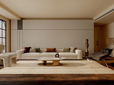 Modern Open Concept Living Room Interior With Sofa Coffee Table And Floor to Ceiling Windows 3d model