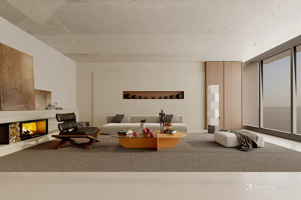 Modern Living Room Interior With Sofa Coffee Table Fireplace And Large Window 3d model 