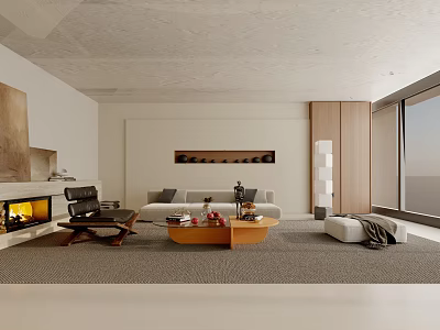 Modern Living Room Interior With Sofa Coffee Table Fireplace And Large Window 3d model