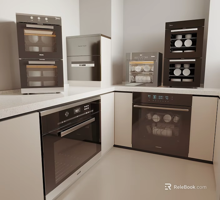 Sleek Modern Kitchen Appliances With Built In Ovens Dishwasher And White Countertop Cabinets 3d model 