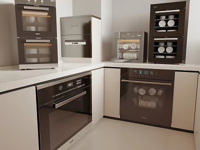 Sleek Modern Kitchen Appliances With Built In Ovens Dishwasher And White Countertop Cabinets 3d model