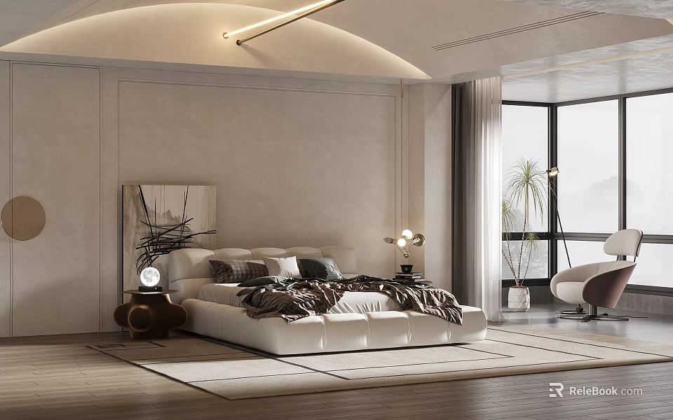 Modern Bedroom Interior With White Bed Nightstand Lamp Rug Window Armchair And Plant 3d model 