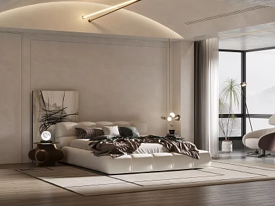 Modern Bedroom Interior With White Bed Nightstand Lamp Rug Window Armchair And Plant 3d model