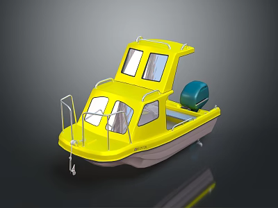 Yellow Boat With Cabin Outboard Motor Railing And Smooth Hull Design 3d model