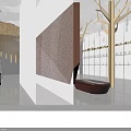 Modern Artistic Interior Space Featuring Wooden Ceiling Decor Marble Floor And White Shelves