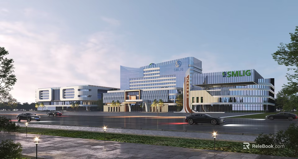 Modern Industrial Factory Building Exterior With Glass Curtain Wall Entrance And Parking Area 3d model 
