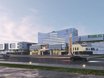 Modern Industrial Factory Building Exterior With Glass Curtain Wall Entrance And Parking Area 3d model