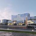 Modern Industrial Factory Building Exterior With Glass Curtain Wall Entrance And Parking Area