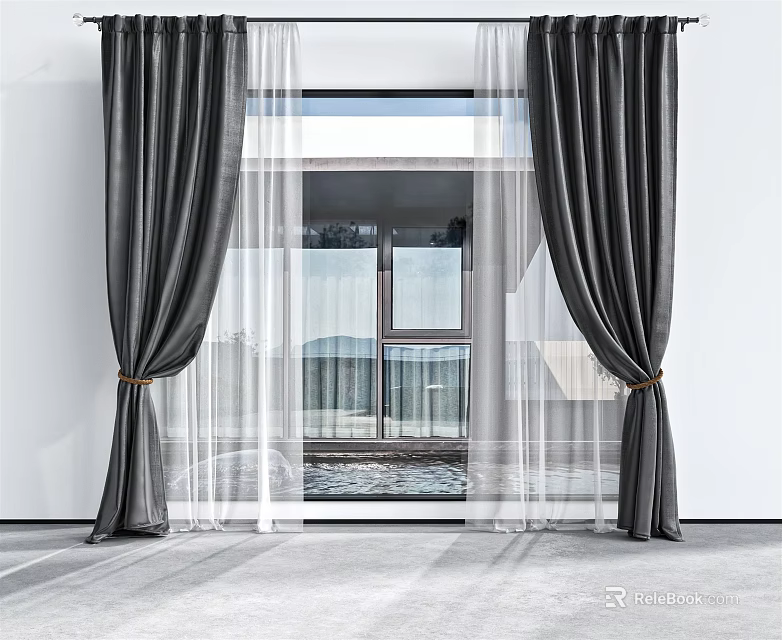Black Curtains With White Sheer Panels And Tiebacks In Room With Large Window View 3d model 