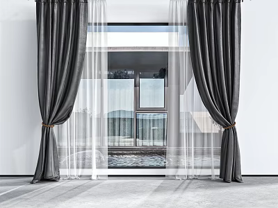 Black Curtains With White Sheer Panels And Tiebacks In Room With Large Window View 3d model