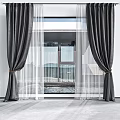 Black Curtains With White Sheer Panels And Tiebacks In Room With Large Window View
