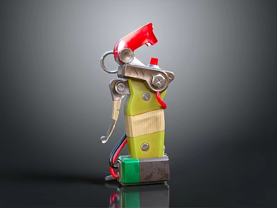 Homemade Mechanical Weapon With Yellow Tape Wrapped Body Red Nozzle Green Base And Silver Parts 3d model