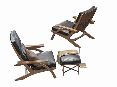 Modern Leisure Chair With Wooden Frame Black Leather Cushion Armrests And Ottoman 3d model