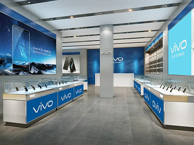 Vivo Digital Store Interior Featuring Display Counters Mobile Phones And Wall Screens 3d model