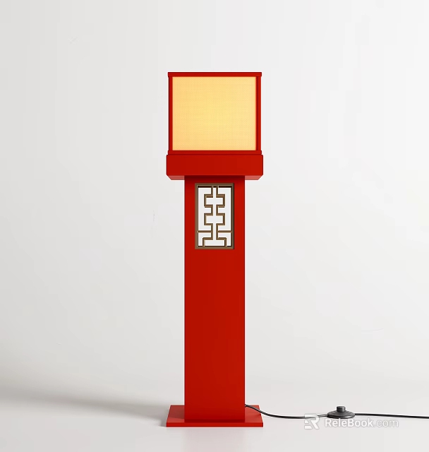 Red Floor Lamp With Square Yellow Light Shade And Geometric Pattern On Pole 3d model