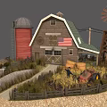 Traditional Farm Barn With Red Silo Windmill And Hay Bales Tractor