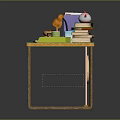 Stylish Wooden Desk With Green Tabletop Books Lamp Radio Teapot And Stationery