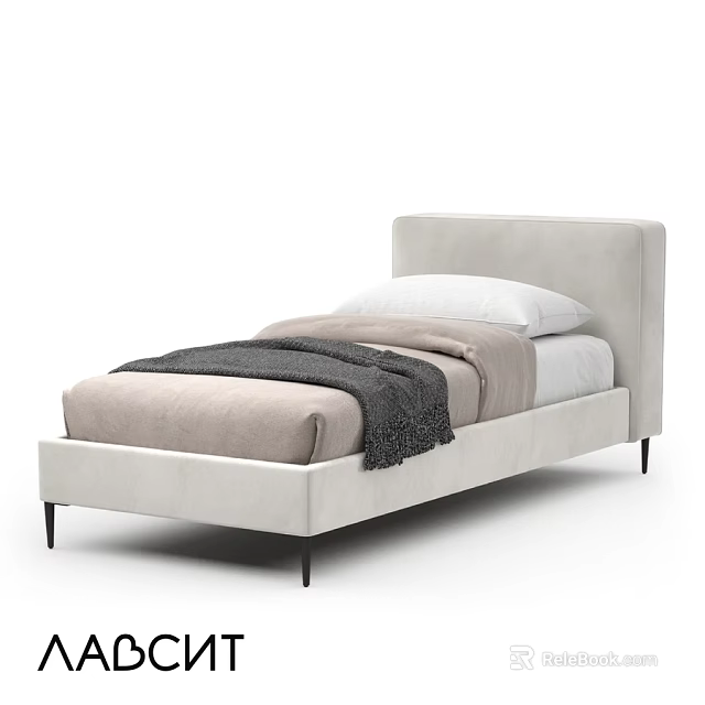 Modern Upholstered Double Bed With Gray Headboard Black Legs And Neutral Bedding 3d model 