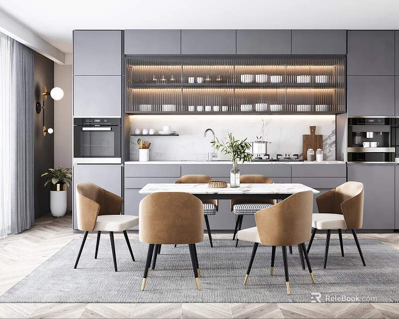 Modern Dining Table Set With White Top And Tan Upholstered Chairs In Kitchen Area 3d model