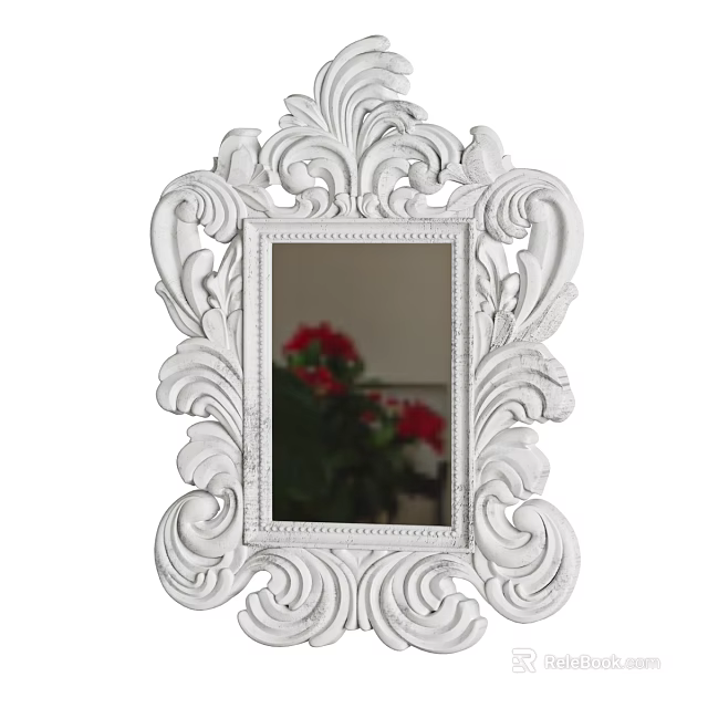 Ornate White Carved Frame Mirror With Reflection Of Red Flowers And Green Plants 3d model 
